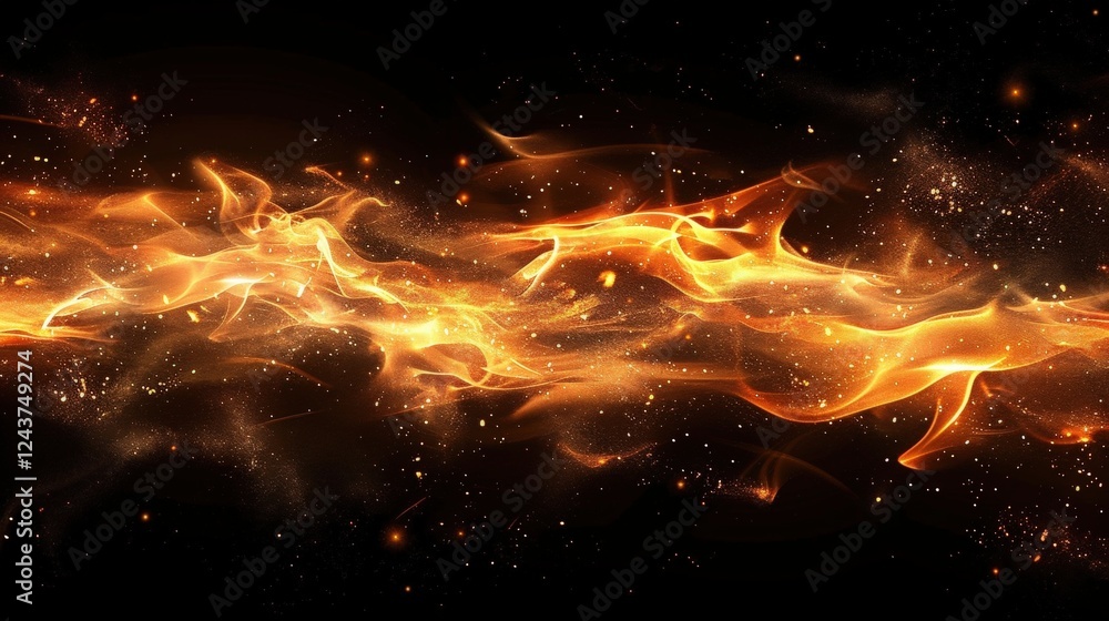 Poster dynamic flames and glowing particles dance across a dark background, creating a captivating visual s