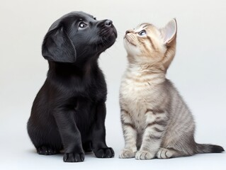Obraz premium Adorable Puppy and Kitten Gazing at Each Other, Captivating Bond of Two Young Pets, Friendship Between Dog and Cat, Sweet Interaction