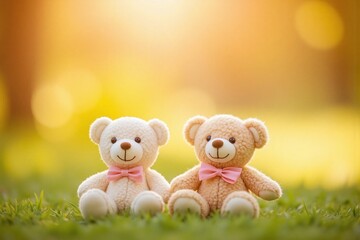 two plush teddy bears on grassy area pink bow ties