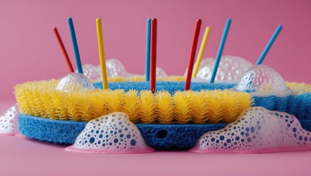 Vibrant abstract arrangement of a blue and yellow scouring pad with colorful pins and playful foam bubbles on a bright pink background.