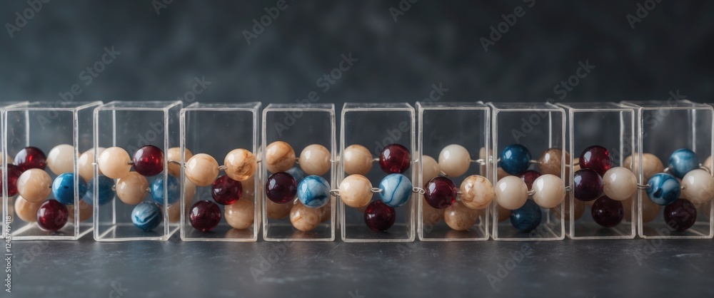 Poster interconnected transparent boxes displaying colorful beads in a visually striking arrangement on a d