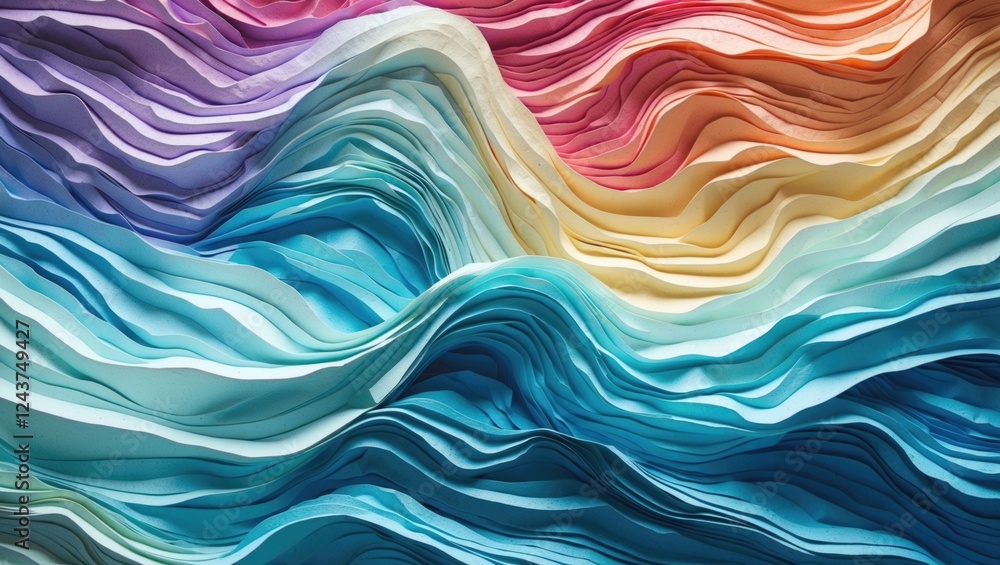 Poster colorful textured waves of paper creating an artistic background with soft light tones and fluid mot