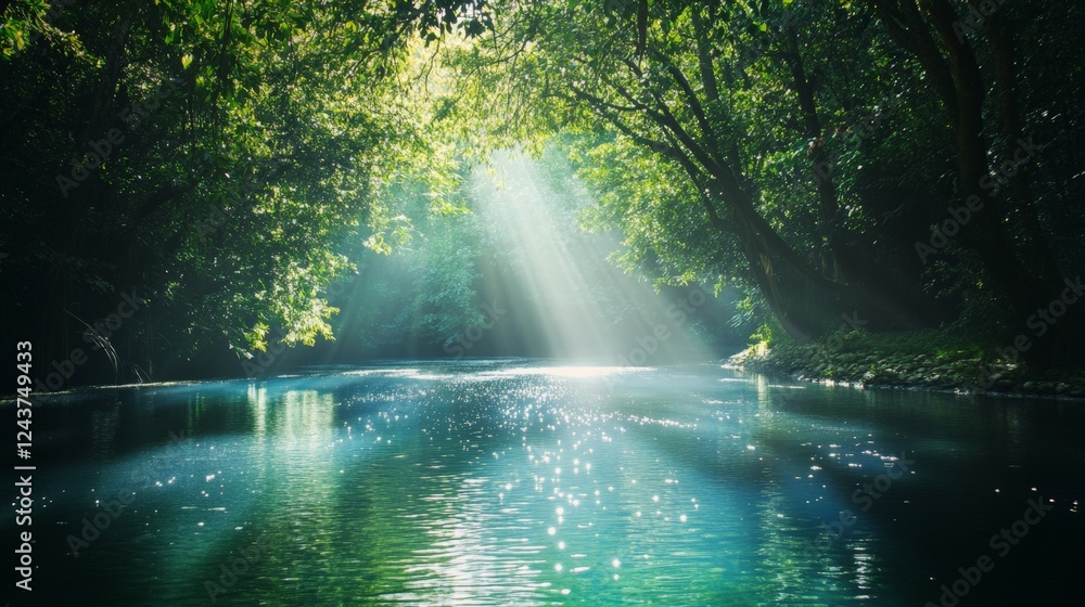 Poster sunbeams filtering through lush green trees create a magical atmosphere on a tranquil river, offerin