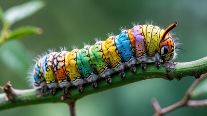 Colorful butterfly caterpillar perched on green branch showcasing vibrant patterns and textures against a softly blurred background.