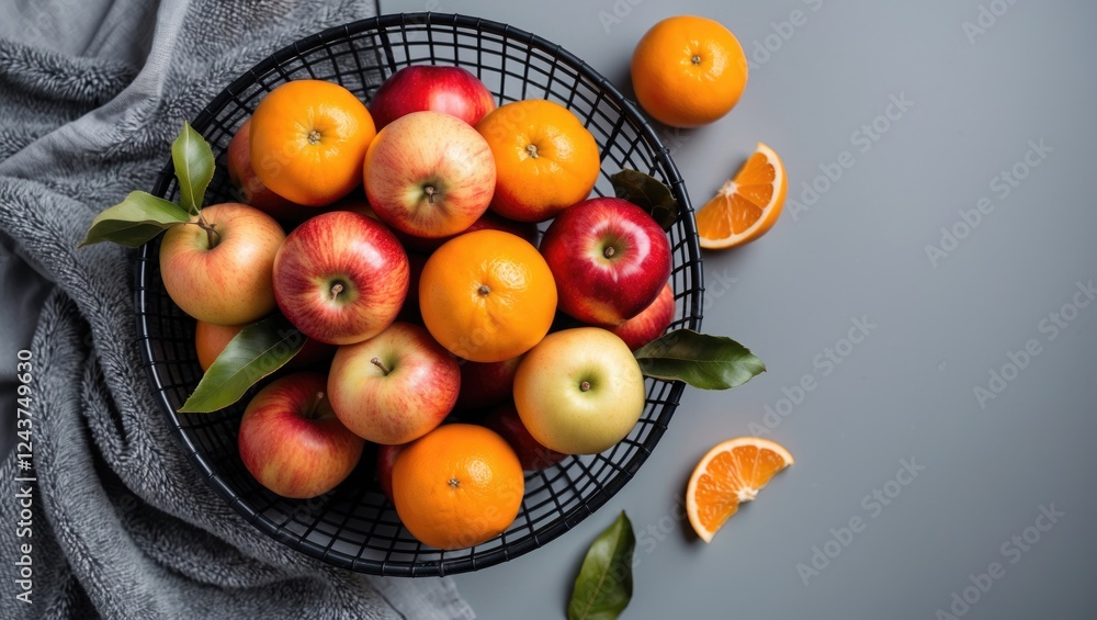 Poster fresh apples and oranges in black basket with gray towel on soft background healthy fruits close-up 