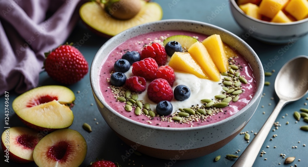 Aufkleber vibrant smoothie bowl with blended fruits and yogurt garnished with fresh sliced fruits and seeds on