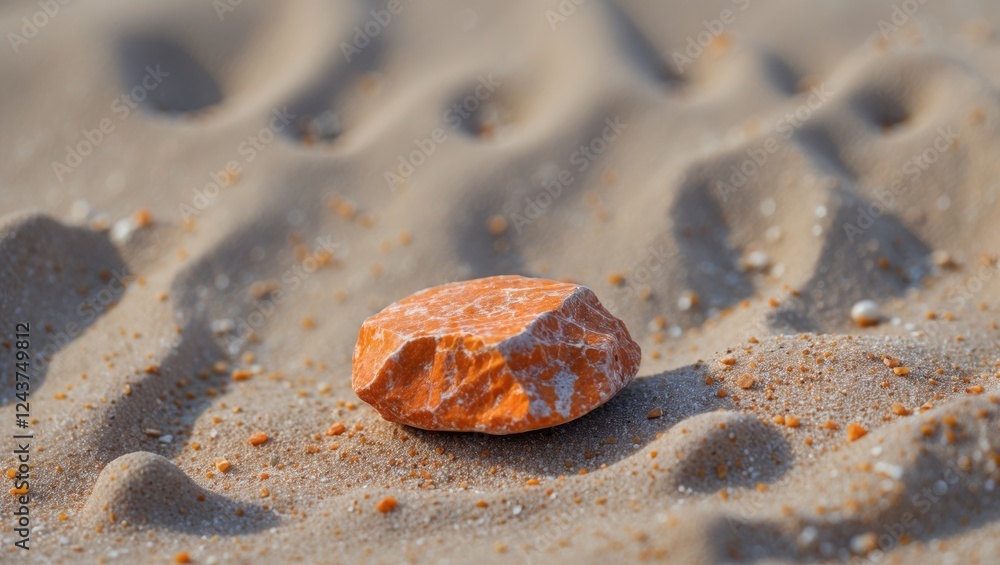 Poster tiny orange rock on sunlit sand creating a subtle contrast with textured surface, emphasizing simpli