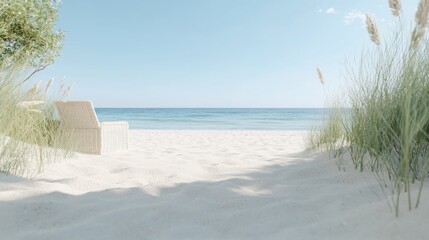 Beach chair on sandy shore, ocean view, summer vacation