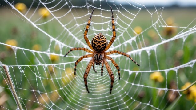 Common garden spider in macro close-up on a dew-covered cobweb surrounded by wildflowers in a sunny meadow setting.