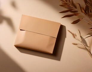 a blank kraft paper mailer mockup is positioned flat on a soft beige table showcasing a minimalistic texture and subtle studio shadows across the surface