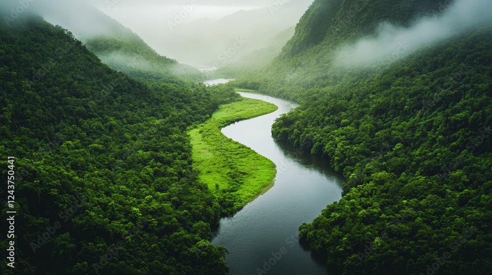 Poster aerial view of a pristine river meandering through a dense, vibrant rainforest, showcasing the beaut