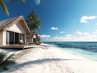 Fototapeta premium Ecofriendly beach resort, solar huts, sustainable tourism, 3D illustration