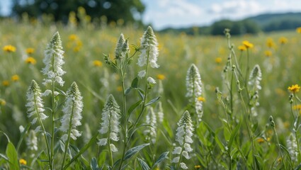 Summer meadow featuring Aegopodium podagraria in full bloom surrounded by vibrant wildflowers and lush green foliage.