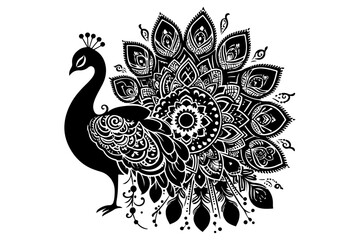Intricate Black and White Peacock Illustration