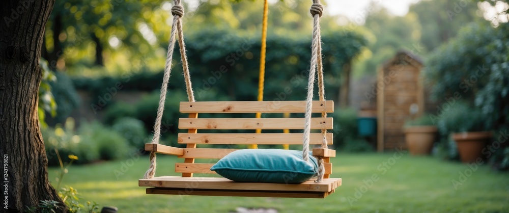Poster homemade wooden swing with a cushion hanging on a rope in a serene garden setting surrounded by gree
