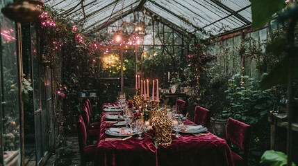 Dinner setup inside a vintage greenhouse with cascading vines soft pink fairy lights and a table adorned with velvet red linens and intricate gold candle holders no people