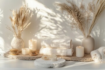 Conjunto de itens de spa com toalhas, velas e elementos decorativos em tons neutros, capturados com luz natural suave, criado com IA generativa.