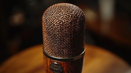 Close-up of brown microphone, studio setting
