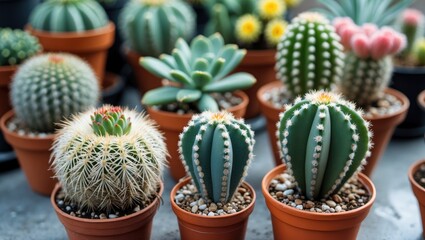Variety of Stunning Miniature Cactus and Succulent Plants in Terracotta Pots on Display