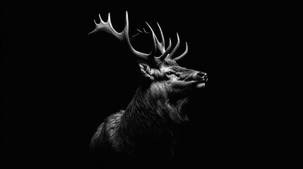 Elegant stag profile, black and white, dramatic lighting, isolated on black background.