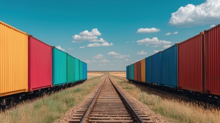 Fototapeta premium Cargo Train Passing Through Rural Landscape on Railroad Tracks Freight Transportation and Logistic Concepts with Containers on Train in Countryside Setting