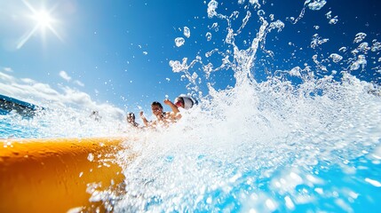 Aqua coaster splashing down into a pool, water droplets frozen midair, highspeed summer thrill ride action