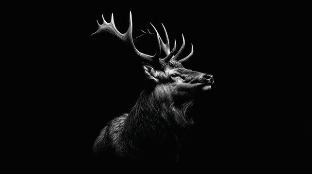 Elegant stag profile, black and white, dramatic lighting, isolated on black background.