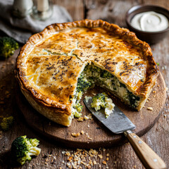 Captured mid-slice rustic cauliflower, broccoli, and cheese pie