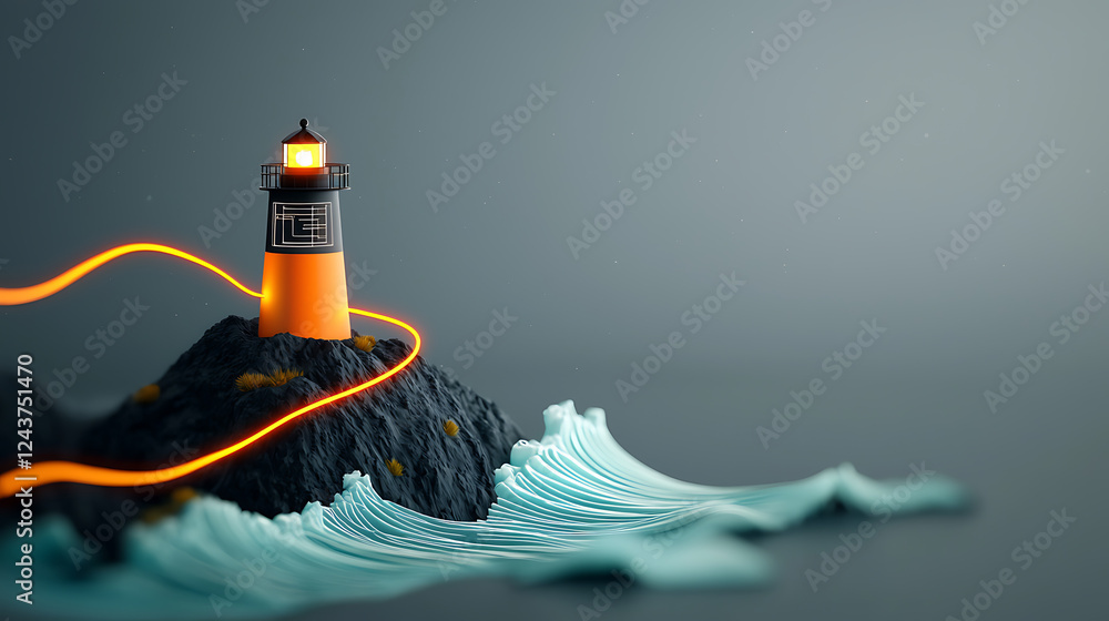 Poster dynamic lighthouse illuminating waves coastal scene 3d render serene atmosphere close-up view coasta