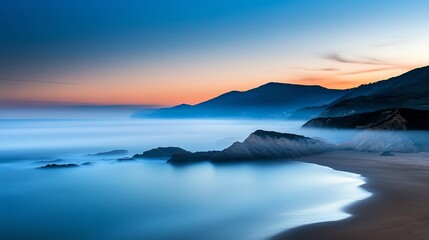 Fototapeta premium Foggy beach at dawn with soft pastel colors, mist rolling over the dunes, tranquil and moody ambiance, peaceful coastal solitude