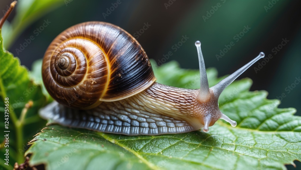 Aufkleber snail on leaf close-up with empty space for text in nature background showcasing peaceful garden atm