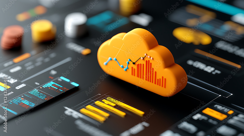 Poster analyzing data trends in cloud analytics platforms digital workspace infographic technology close-up