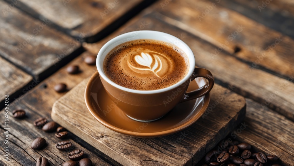 Poster coffee cup with latte art on rustic wooden table surrounded by coffee beans and ample copy space for