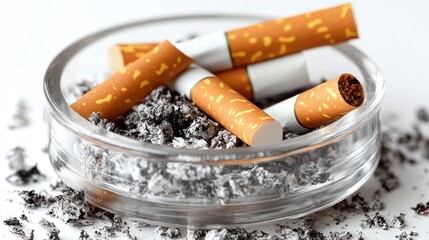 Used cigarettes in ashtray on white surface