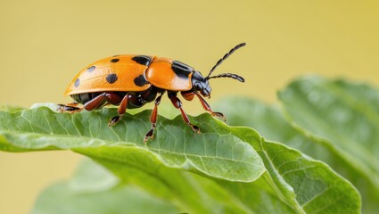 Fototapeta premium Vibrant orange and black beetle perched on a lush green leaf against a soft yellow backdrop highlighting nature's colorful details