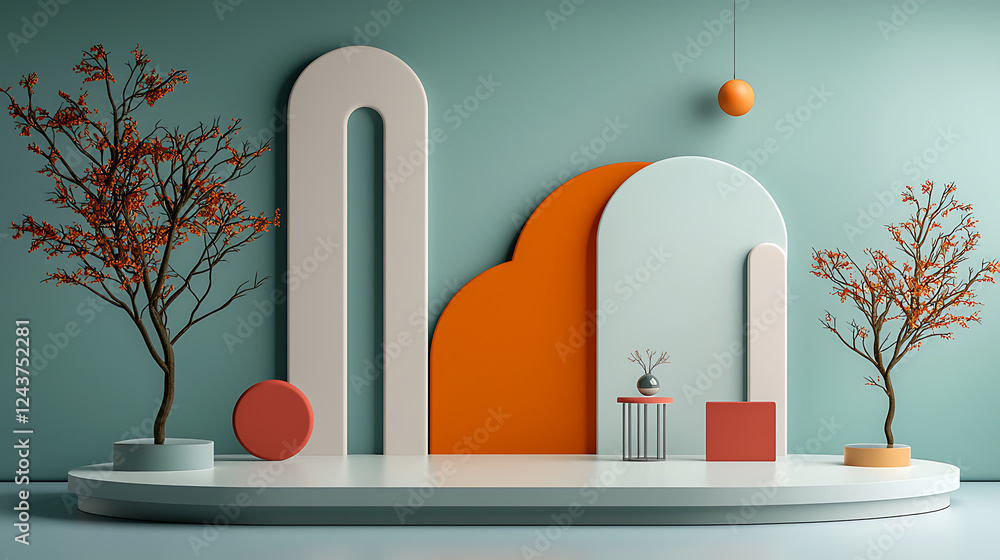 Poster modern artistic display featuring abstract shapes and natural elements in a minimalist interior sett