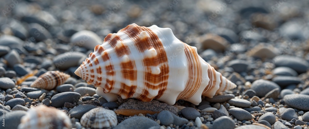 Poster close-up of a striped brown and white seashell resting on a gravel beach with ample space for text a