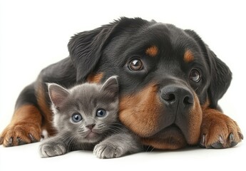Fototapeta premium Adorable Rottweiler Dog and Cute Gray Kitten Cuddling Together on White Background, Showcasing a Heartwarming Bond Between Pets