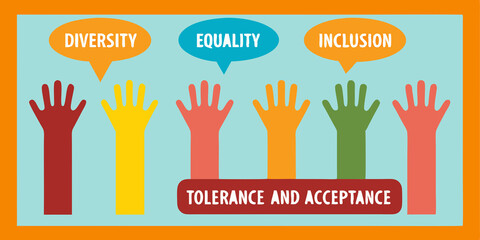 Vector banner representing a group of raised hands. Diversity, equality, inclusion, tolerance and acceptance concept.