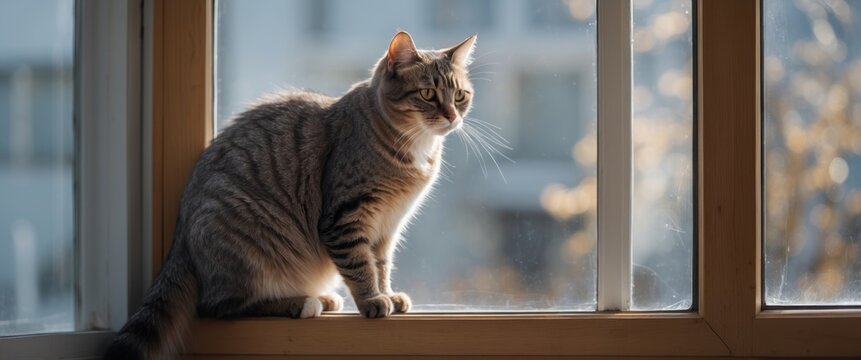 Tabby cat perched on a windowsill basking in soft sunlight with a blurred background showcasing a tranquil indoor atmosphere.