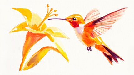 Obraz premium Vibrant Hummingbird and Yellow Flower in Artistic Watercolor Style