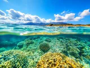 Fototapeta premium Crystalclear tidal pools along a rocky shoreline, marine life visible underwater, untouched coastal ecosystem, highly detailed macro photography
