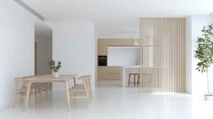 Modern minimalist kitchen-dining area design, bright interior, natural light