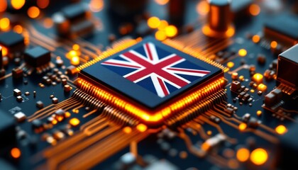UK's Technological Innovation: Microchip with British Flag Design on Circuit Board