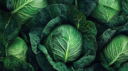Obraz premium Abstract pattern created from overlapping cabbage leaves, symmetrical and artistic, deep green hues, seamless texture