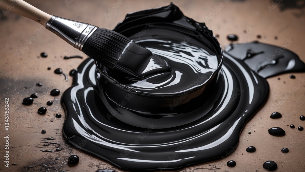 Poster close-up of black paint in a tray with a brush on a rustic surface showcasing texture and artistic p