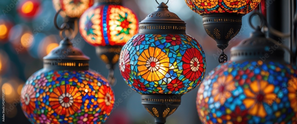 Poster colorful mosaic lanterns illuminated at dusk creating a vibrant and enchanting atmosphere in a decor