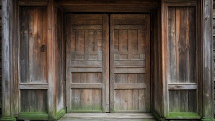 Weathered wooden double doors showcasing intricate craftsmanship and rustic charm in a serene, historical setting.