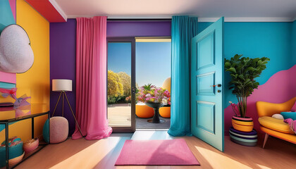 Fototapeta premium open door with modern decor vibrant colors