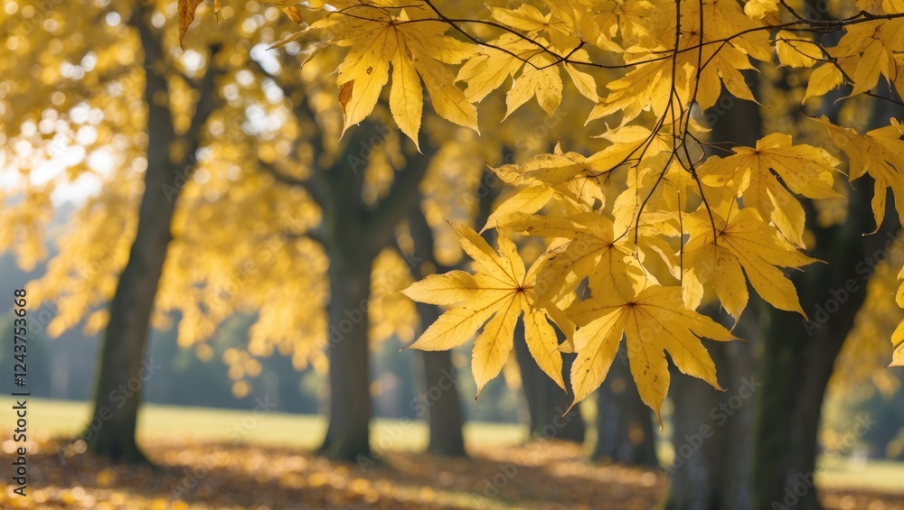 Aufkleber close-up of vibrant yellow autumn leaves on trees with soft sunlight filtering through, creating a t